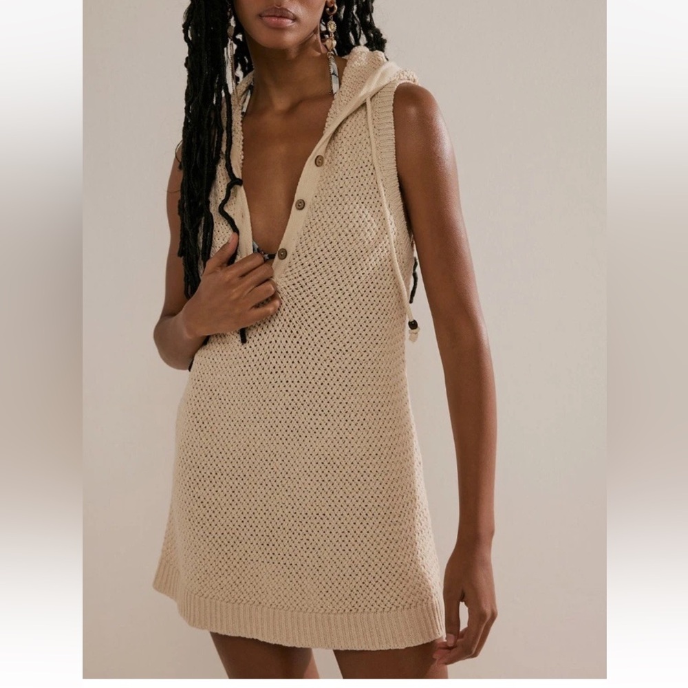Free People Beach Ainsley Knit Sweater Cream Hoodie Mini Dress NWOT Size Small